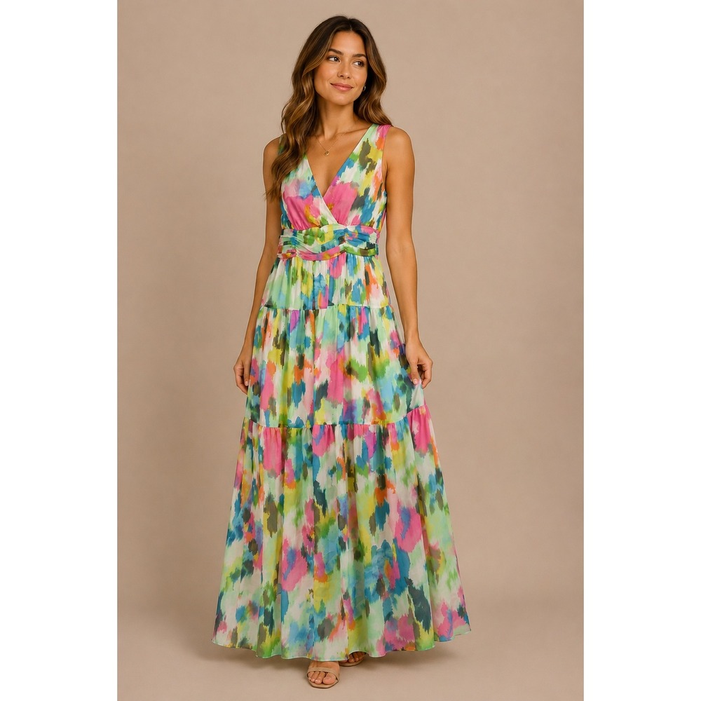 Maison Tara Watercolor Tiered Maxi Dress 8 Abstract V-Neck Smocked